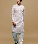 Sanwara men's printed pink chikankari kurta & salwar set with sequin accents.