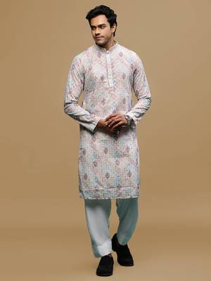 Sanwara men's printed rust chikankari kurta & salwar set with sequin accents. 1