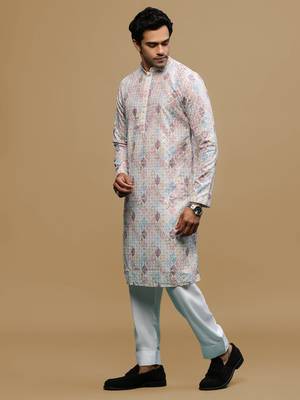 Sanwara men's printed rust chikankari kurta & salwar set with sequin accents. 2