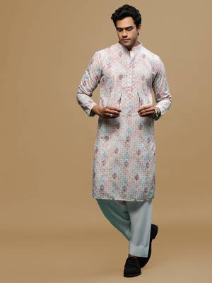 Sanwara men's printed rust chikankari kurta & salwar set with sequin accents. 4