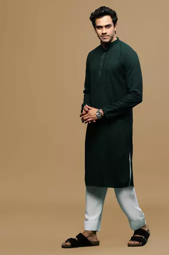 Sanwara men's designer solid deep green chikankari kurta & patiala salwar set