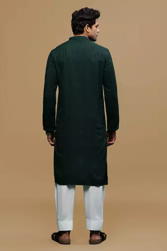 Sanwara men's designer solid deep green chikankari kurta & patiala salwar set