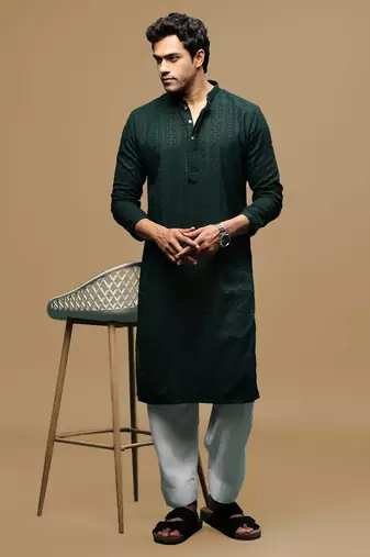 Sanwara men's designer solid deep green chikankari kurta & patiala salwar set