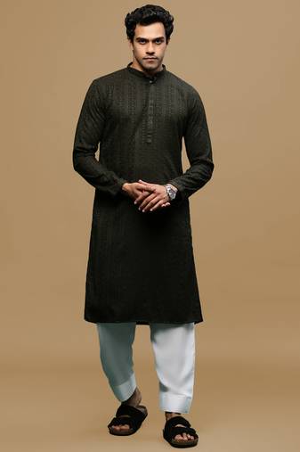 Men's designer solid olive chikankari kurta & patiala salwar set by sanwara