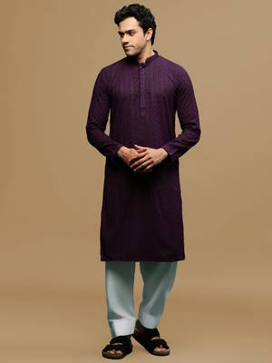Men's designer solid purple chikankari kurta & patiala salwar set by sanwara 1