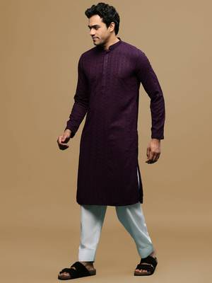 Men's designer solid purple chikankari kurta & patiala salwar set by sanwara 2