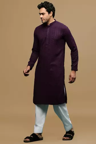 Men's designer solid purple chikankari kurta & patiala salwar set by sanwara