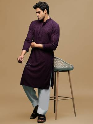 Men's designer solid purple chikankari kurta & patiala salwar set by sanwara 4