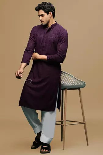 Men's designer solid purple chikankari kurta & patiala salwar set by sanwara