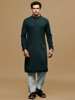 Men's designer solid deep green chikankari kurta & patiala salwar set by sanwara 1