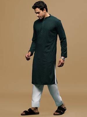 Men's designer solid deep green chikankari kurta & patiala salwar set by sanwara 2