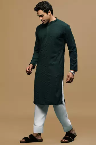 Men's designer solid deep green chikankari kurta & patiala salwar set by sanwara