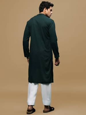 Men's designer solid deep green chikankari kurta & patiala salwar set by sanwara 3