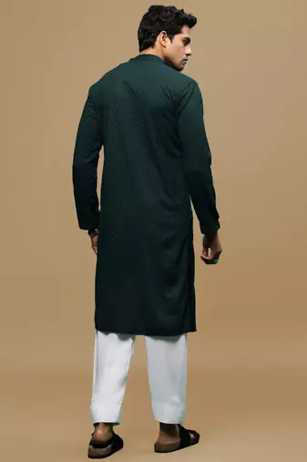 Men's designer solid deep green chikankari kurta & patiala salwar set by sanwara
