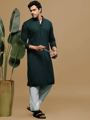 Men's designer solid deep green chikankari kurta & patiala salwar set by sanwara 4