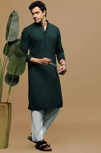 Men's designer solid deep green chikankari kurta & patiala salwar set by sanwara