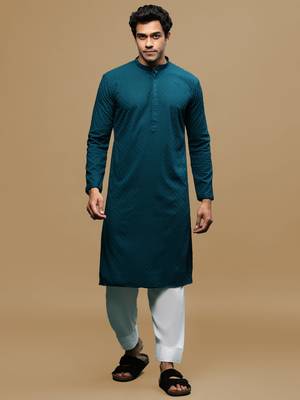 Men's designer solid firozi chikankari kurta & patiala salwar set by sanwara 1