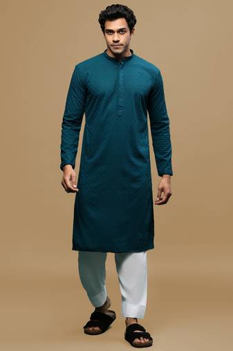 Men's designer solid firozi chikankari kurta & patiala salwar set by sanwara