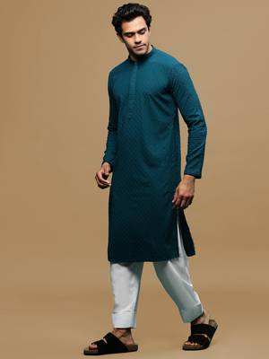 Men's designer solid firozi chikankari kurta & patiala salwar set by sanwara 2
