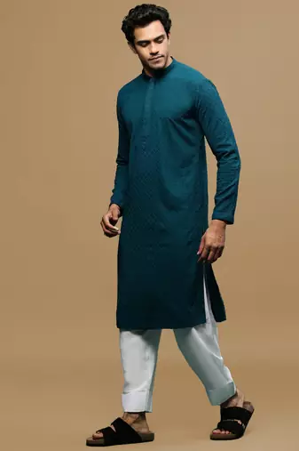 Men's designer solid firozi chikankari kurta & patiala salwar set by sanwara