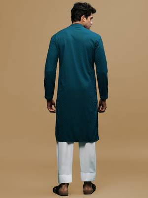 Men's designer solid firozi chikankari kurta & patiala salwar set by sanwara 3