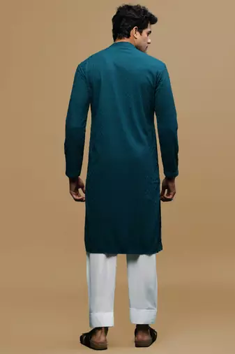 Men's designer solid firozi chikankari kurta & patiala salwar set by sanwara