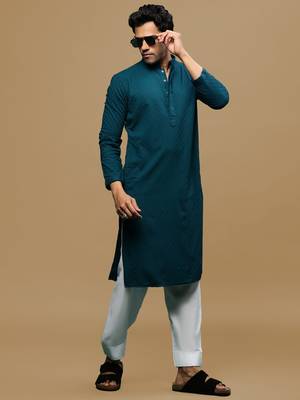 Men's designer solid firozi chikankari kurta & patiala salwar set by sanwara 4