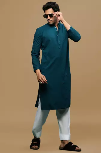 Men's designer solid firozi chikankari kurta & patiala salwar set by sanwara