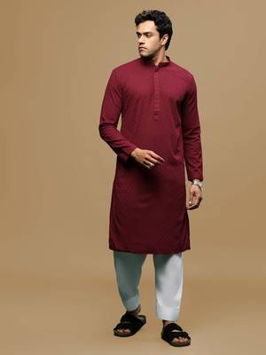 Men's designer solid maroon chikankari kurta & patiala salwar set by sanwara 1