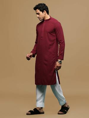 Men's designer solid maroon chikankari kurta & patiala salwar set by sanwara 2