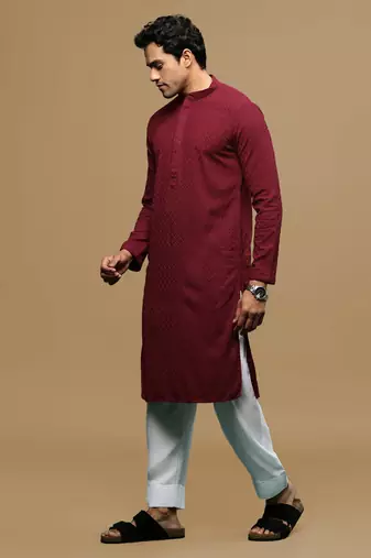 Men's designer solid maroon chikankari kurta & patiala salwar set by sanwara