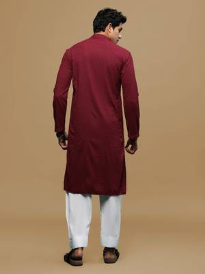 Men's designer solid maroon chikankari kurta & patiala salwar set by sanwara 3