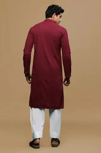 Men's designer solid maroon chikankari kurta & patiala salwar set by sanwara