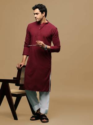 Men's designer solid maroon chikankari kurta & patiala salwar set by sanwara 4