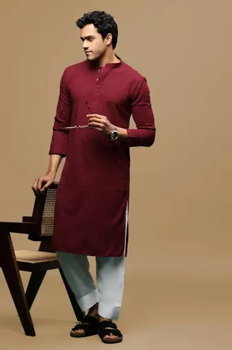 Men's designer solid maroon chikankari kurta & patiala salwar set by sanwara