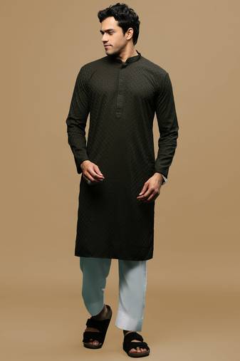 Men's designer solid olive chikankari kurta & patiala salwar set by sanwara