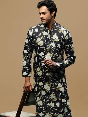 Men's stylish black trendy printed cotton kurta by sanwara 1