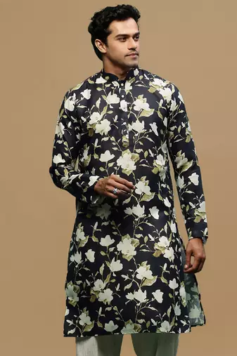 Men's stylish black trendy printed cotton kurta by sanwara