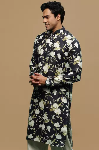 Men's stylish black trendy printed cotton kurta by sanwara