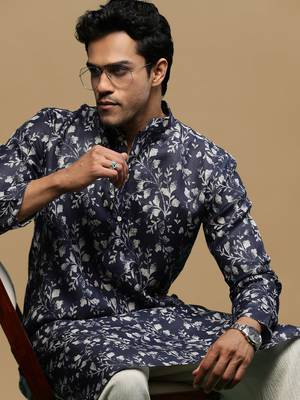 Men's stylish blue trendy printed cotton kurta by sanwara 1