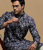 Men's stylish blue trendy printed cotton kurta by sanwara