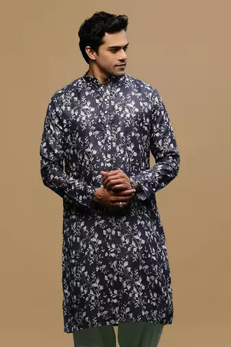 Men's stylish blue trendy printed cotton kurta by sanwara