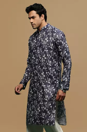 Men's stylish blue trendy printed cotton kurta by sanwara