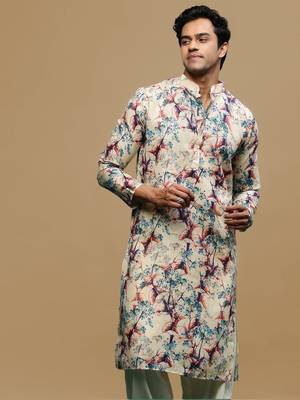 Men's stylish cream trendy printed cotton kurta by sanwara 1