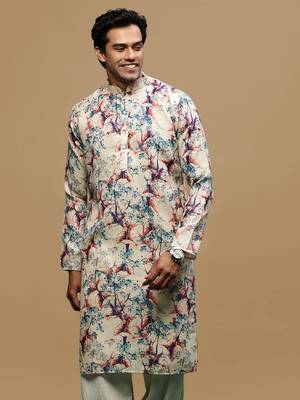 Men's stylish cream trendy printed cotton kurta by sanwara 2