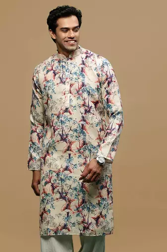Men's stylish cream trendy printed cotton kurta by sanwara