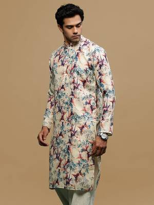 Men's stylish cream trendy printed cotton kurta by sanwara 3