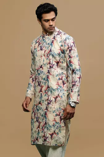 Men's stylish cream trendy printed cotton kurta by sanwara