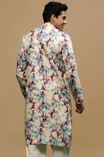 Men's stylish cream trendy printed cotton kurta by sanwara