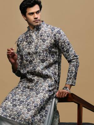 Men's stylish grey trendy printed cotton kurta by sanwara 1